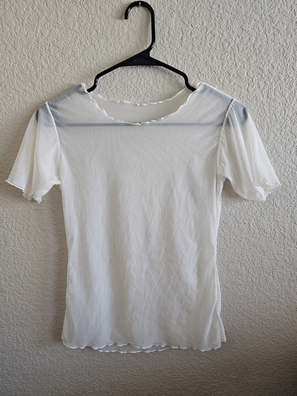 Sheer White Short Sleeve Women's Tee with Lettuce-Edge Trim